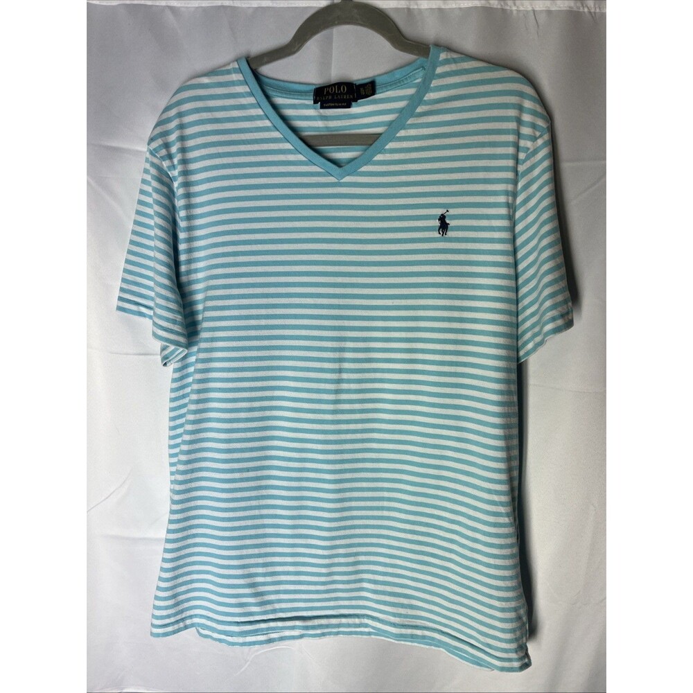 Polo Ralph Lauren Custom Slim Fit Men's T Shirt White Blue Striped Size X Large